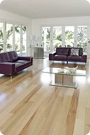 A modern living room with purple leather sofas