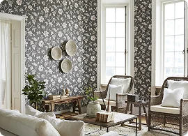 Cozy living room with floral wallpaper