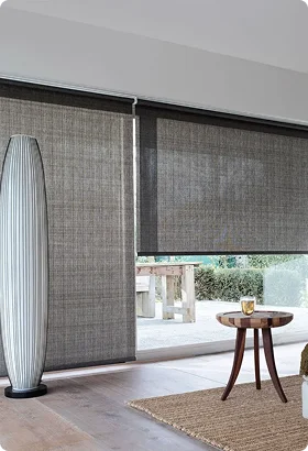 Modern living room featuring elegant gray roller blinds