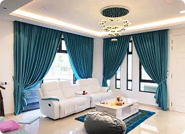 Modern living room with white sofas, teal curtains