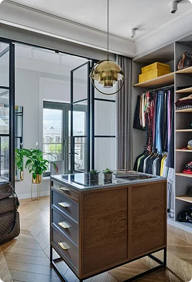 Stylish room featuring a wooden dresser, gold pendant light