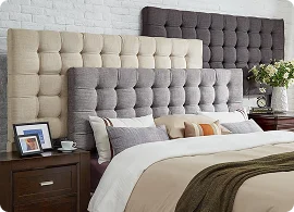 Three stylish tufted headboards in beige, light grey