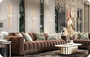 Luxurious living room with a plush brown sofa, pastel cushions