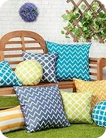 Colorful patterned cushions in blue, yellow