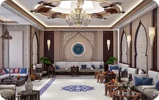 Elegant lounge with ornate decor, featuring a chandelier