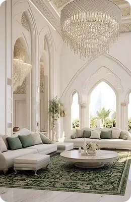 Luxurious living room with white and green decor