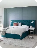 Modern bedroom featuring a teal upholstered bed