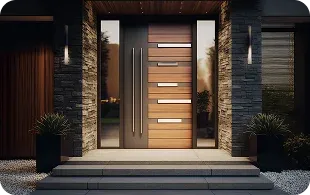 Modern front door with wood and metal design