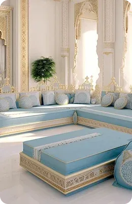 Ornate seating area with blue cushions and gold accents