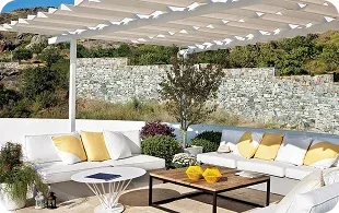 Outdoor seating area with white furniture and table