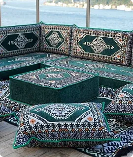Patterned cushions and seating arranged