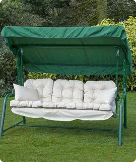 Swing seat with green canopy and beige cushions