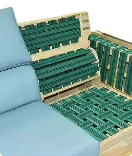 Wooden sofa with green woven seat and blue cushions